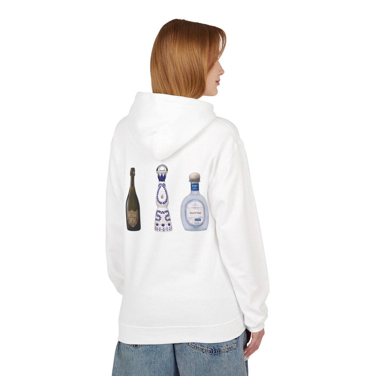 Tequila & Champagne Bottle Graphic Hoodie — Party Spirits Back Print